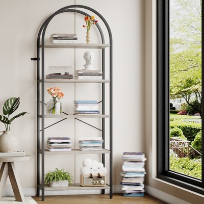 5 Tier Bookcase and Bookshelf, Free Standing Metal Frame Arched Racks, Modern Storage Rack Shelf  for Bedroom Living Room Home Office