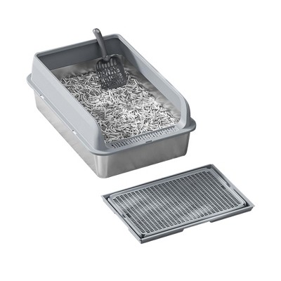 Large Stainless Steel Litter Box with Lid, Litter Box with Sifter Scoop and Double Layer Litter Mat, 6" Deep Metal Cat Litter Box