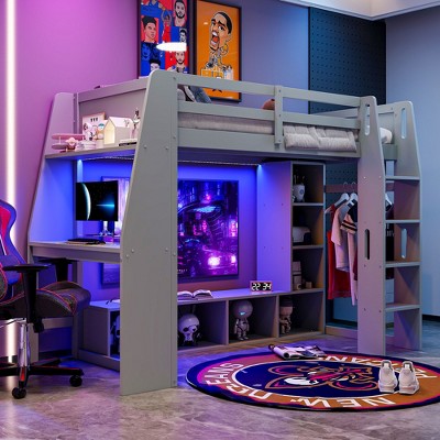 Twin/Full Size Gaming Loft Bed with Desk, LED Lights, Multi-Storage Shelves & Hanging Clothes Rack, Space-Saving Wooden Bed Frame, Gray - ModernLuxe