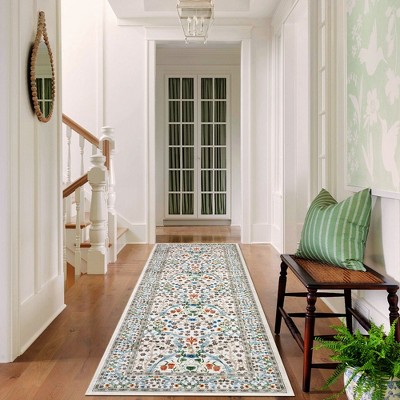 Washable Floral Print Botanical Rug Non Slip Low Pile Rug Soft Floor Cover Foldable Indoor Carpet for Living Room Bedroom Home Office