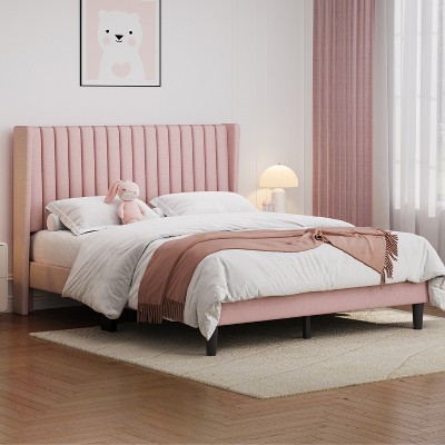 Yaheetech Fabric Upholstered Bed Frame with Wing Side & Wood Slat Support