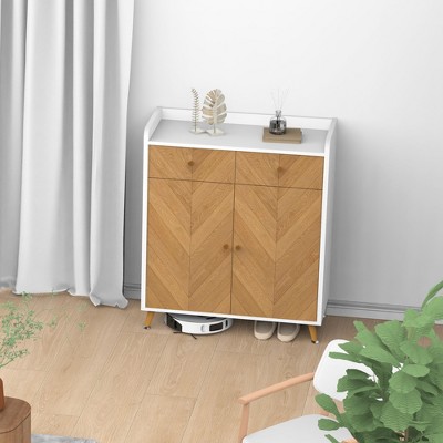 TiramisuBest 4-Tier Herringbone Shoe Cabinet with 2 Drawers & 2 Doors, Adjustable Freestanding Shoe Storage Organizer for Entryway, Oak