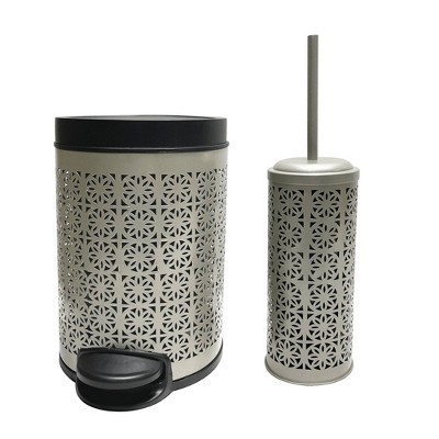 Laser Cut Pewter Step Garbage Trash Can & Toilet Brush Holder with Lid Pewter - Nu Steel