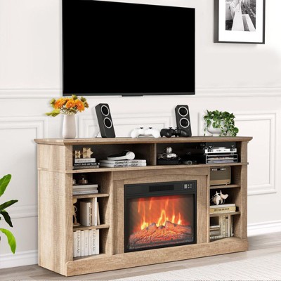 Coolmee 58 inch Electric Fireplace TV Stand for 65 inch TV, 3D Realistic LED Flames, Entertainment Center, TV Console with Open-Shelf Storage