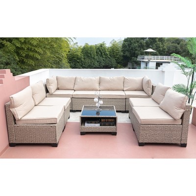 9-Piece Modular Wicker Patio Sofa Set with Coffee Table and Cushions, Outdoor Conversation Furniture for Backyard or Garden - The Pop Home