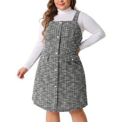 Agnes Orinda Women's Plus Size Vintage Tweed Single-Breasted Suspender Overall Jumpers Dress