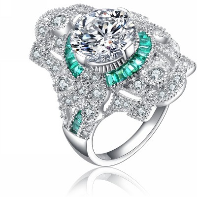 Guili Prestige White Gold-Plated Sterling Silver Ring, Clear Cubic Zirconia, Cocktail Style, Elegant Statement, Green/Blue, Sizes 6-8.