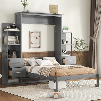 Queen/Full Size Murphy Bed Wall Bed Frame, Wooden Storage Cabinet Bed with Shelves, Drawers and LED Lights -ModernLuxe