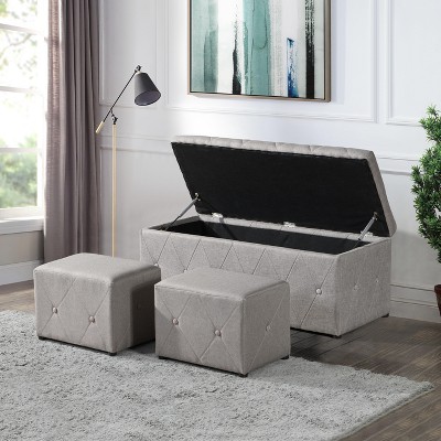 Grungis Rectangular Ottoman Bench with Storage,Fabric Linen Ottoman Foot Rest with 2 Set Ottomans for Living Room,Bedroom