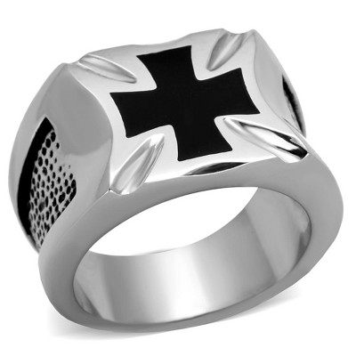 Slickblue Men’s Stainless Steel Cross Ring Silver Band with Black Epoxy Inlay, Textured Sides, Size 8–13