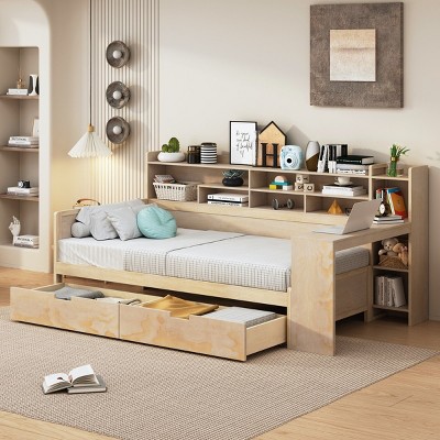 Wooden Full Size Bed Frame With Storage Shelves And 2 Storage Drawers,Multi-functional Bed With A Study Desk -Maison Boucle