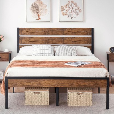 TackView Bed Frame with Wooden Headboard & Footboard, Durable Metal Platform Bed
