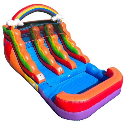 Pogo Bounce House Crossover Kids Inflatable Double Water Slide, Rainbow Cloud with Blower, 13 Ft