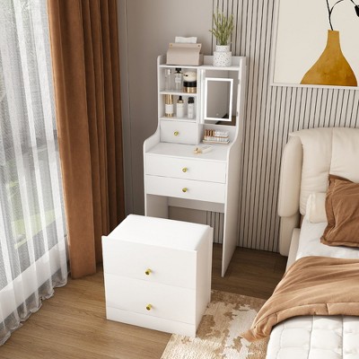 Evita 3-in-1 Dressing Table with LED, 4 Drawers, Storage Cabinet & Hidden Stool for Bedroom Organization-19.69*15.75*50.39 Inch