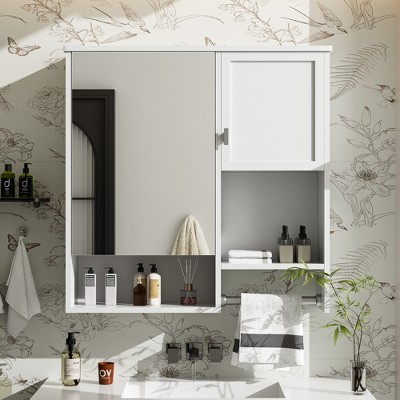 29'' x 28'' Modern Wall Mounted Bathroom Medicine Cabinet, Bathroom Wall Storage Cabinet with Mirror, Saver Cabinet with Towels Bar White