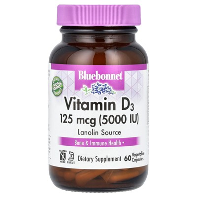 Bluebonnet Nutrition Vitamin D3, 125 mcg (5,000 IU), 60 Vegetable Capsules