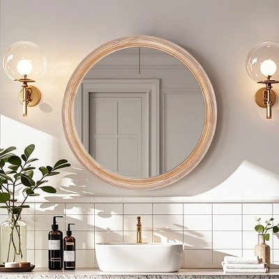 Angel Sar 27.5 Inch Round Wall Mirror, Farmhouse Wood Frame with Whitewash Finish, for Bathroom Vanity Bedroom Living Room Entryway