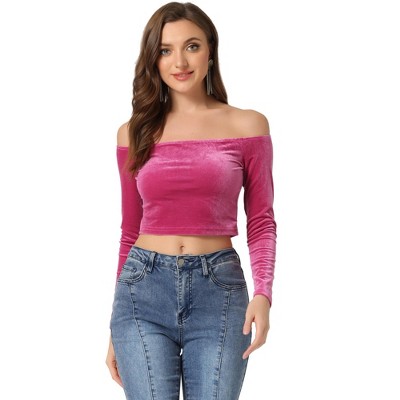 INSPIRE CHIC Women's Velvet Solid Stretch Long Sleeve Off Shoulder Crop Tops