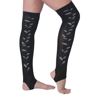 Tipi Toe Women Stirrup Designed Socks - Over the Knee Black Leaves Patterned - Stretchable Women's Stockings Workout socks