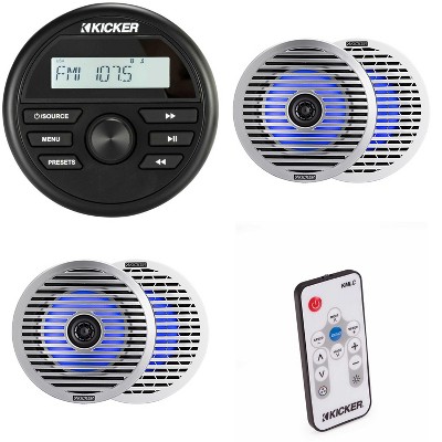 Kicker KMC2 Gauge Mount Marine Grade Receiver & ( 2 Pair ) 51KM614FL 6.5" Thin-Mount LED Speakers w/ 41KMLC Led Remote bundle