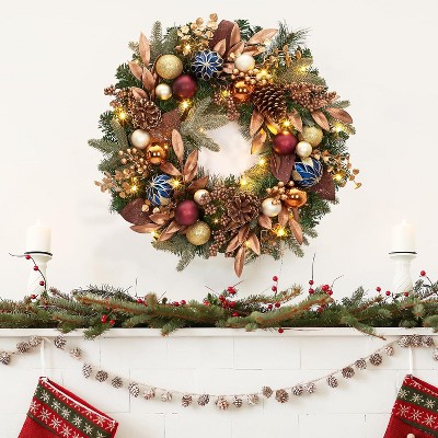 24 Inch Pre-Lit Christmas Wreaths for Front Door, Holiday Xmas Wreath with Battery Operated Lights, Pine Cones, Berries, Ball Ornaments, Leaves