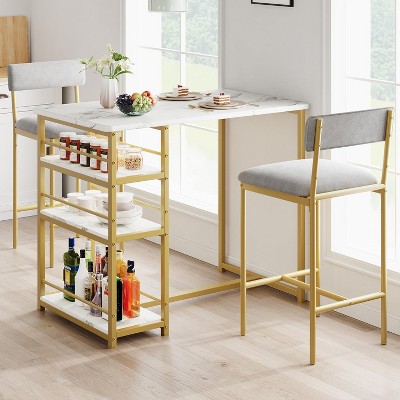 Dining Table Set Counter Height Kitchen Table for 2 with 2 Upholstered Bar Stools and Storage Shelves for Small Space, Apartment, Dining Room