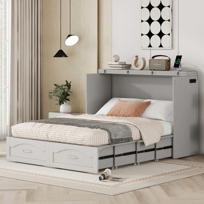 Queen/Full Size Murphy Bed Wall Bed with Drawer and A Set of Sockets & USB Ports - ModernLuxe