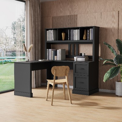 Lyngins Home Office Desk with Hutch, 2-Tier Open Shelf + 2 Large Drawers, Waterproof Scratch-Proof Desktop, Computer Desk/Writing Desk for Study Room