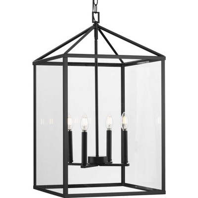 Progress Lighting Hillcrest 4-Light Foyer Light, Steel, Matte Black, Clear Beveled Glass Panels