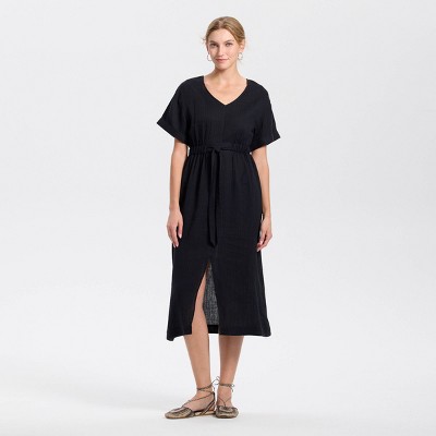 Women's Short Sleeve Tie-Front Slit Midi A-Line Dress - Universal Thread™ Black