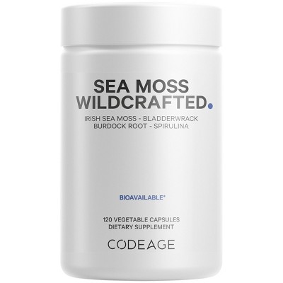 Codeage Raw Wildcrafted Irish Sea Moss, Bladderwrack, Burdock, Spirulina & BioPerine Black Pepper Supplement - 120ct