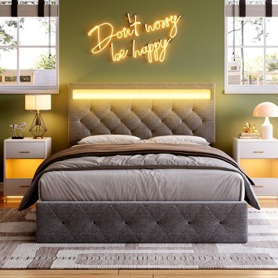 Bed Frame with Adjustable Headboard, Upholstered Platform Bed Frame with Fast-Charging USB Port, LED Bed Frame, No Box Spring Needed, Easy Assembly
