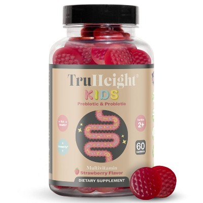 TruHeight Kids Prebiotic & Probiotic Gummies Ages 2+ (Strawberry Flavor) Toddler & Kids Natural Supplement for Digestive, Gut & Constipation Relief