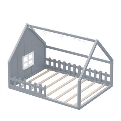COWLOWN Full House Bed with Window & Fence, Wooden Playhouse Bed Frame, No Box Spring Needed