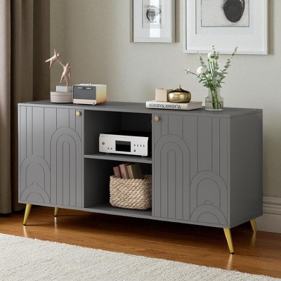 Modern TV Stand with Adjustable Shelf for TVs up to 55'', Media Console with 2 Cabinets, Metal Legs, Handles and Anti-Tip Device for Living Room