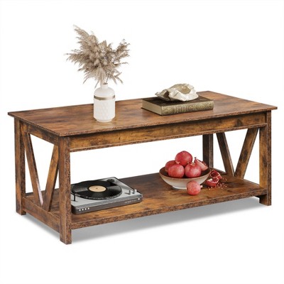 Coffee Table 43" with Storage Shelf and Sturdy V-Shaped Support, Farmhouse Wood Center Table for Living Room, Bedroom, Office, Balcony
