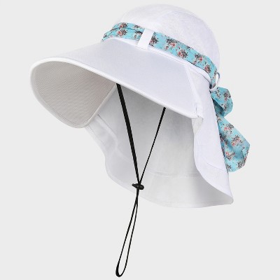 Tirrinia Women's Wide Brim Bucket Hat with Floral Scarf & Neck Flap - Foldable, Lightweight & UV Protection Sun Hats for Beach, Garden Party