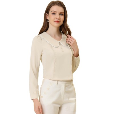 INSPIRE CHIC Women's Peter Pan Collar Crochet Trim Long Sleeve Work Office Blouse