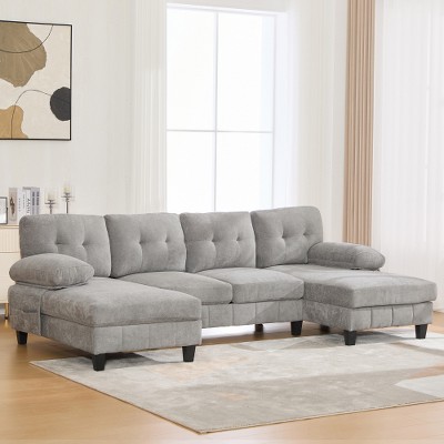 TIRAMISUBEST 103" U-Shaped Sectional Sofa with Double Chaise, Chenille Fabric & Storage Pockets - Large Living Room Couch with Pillows, Grey