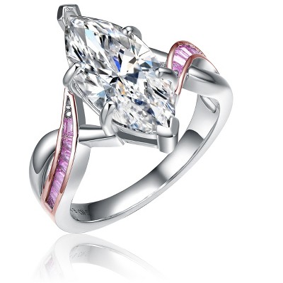 Guili Sterling Silver Two-Tone Ring with Pink and Clear Cubic Zirconia, an elegant and dainty fashion statement for youthful radiance, Size 6, 7, 8.