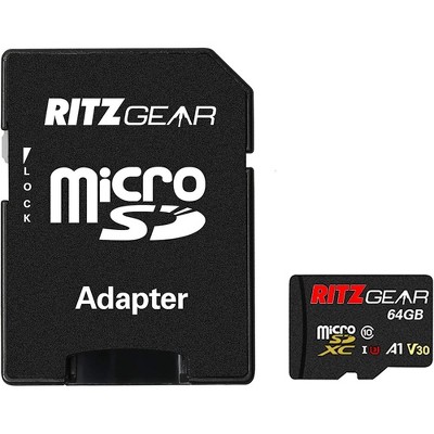 Ritz Gear 64GB Micro SD Card, microSDXC HD & 4K UHD, UHS-I, U3, A1, V30, C10 Memory Card and Adapter
