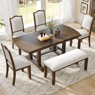 6 Piece Extendable Dining Table Set Dining Set Kitchen Table Set with 4 Upholstered Dining Chairs, Bench&Removable Leaf, Brown/Cherry-ModernLuxe