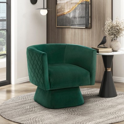 Velvet Upholstery Solid Wood Swivel Accent Chair with Diamond-Stitched Back, Foam Padding, Attached Cushions and 360-Degree Swivel
