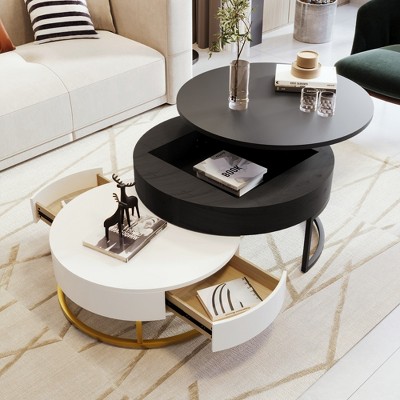 TIRAMISUBEST Modern Round Lift-Top Coffee Table Set with 2 Drawers, Nesting Cocktail Tables with Hidden Storage