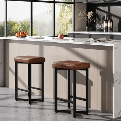 Garvee Bar Stools Set of 2, 24.6" Counter Height Backless Barstools, Upholstered PU Leather Seats with Metal X-Frame & Footrest,