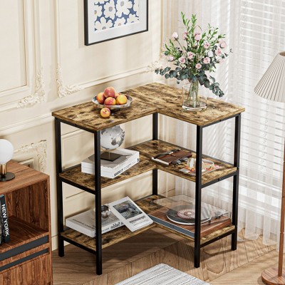 VECELO 3-Tier Open Shelf Corner Cabinet Table, Multipurpose Display Organizer Storage Stand for Small Space or Living Room, Brown/Gray