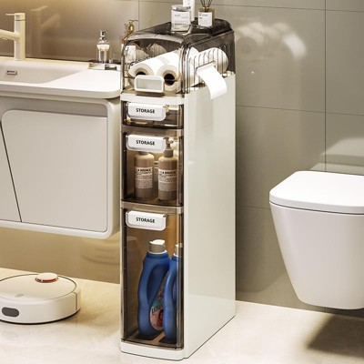 4-Tiers Slim Bathroom Storage Cabine,Waterproof Narrow Storage Cabinet,Space-Saving Vertical Organizers with Tissue Box