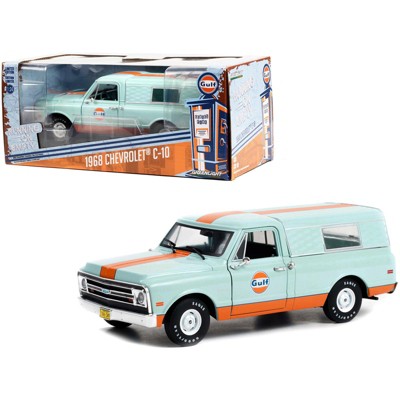 1968 Chevrolet C-10 Pickup Truck Light Blue with Orange Stripes w/Camper Shell "Gulf Oil" 1/24 Diecast Model Car by Greenlight