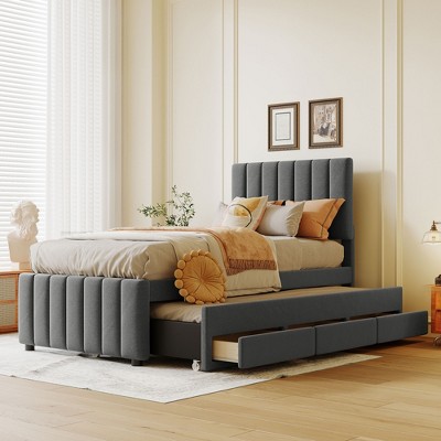 Twin/Full Size Platform Bed, Wooden Upholstered Bed Frame with Twin Trundle Bed and 3 Drawers - ModernLuxe