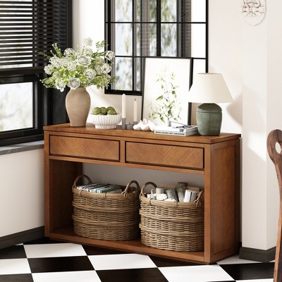 Whisen Rustic Wooden Console Table, Elegant Entryway Table with Storage Drawers and Open Shelf